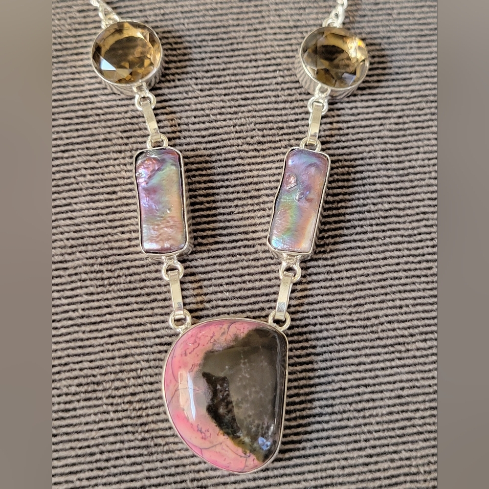 Unique Smoky Quartz Keshi Pearl Pink Black Opal Multi Stone 925 silver necklace